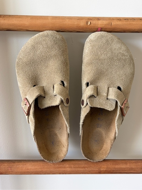 Birkenstock Shoes - Birkenstock Beige Suede Slip-On Sandals with Rose Buckle